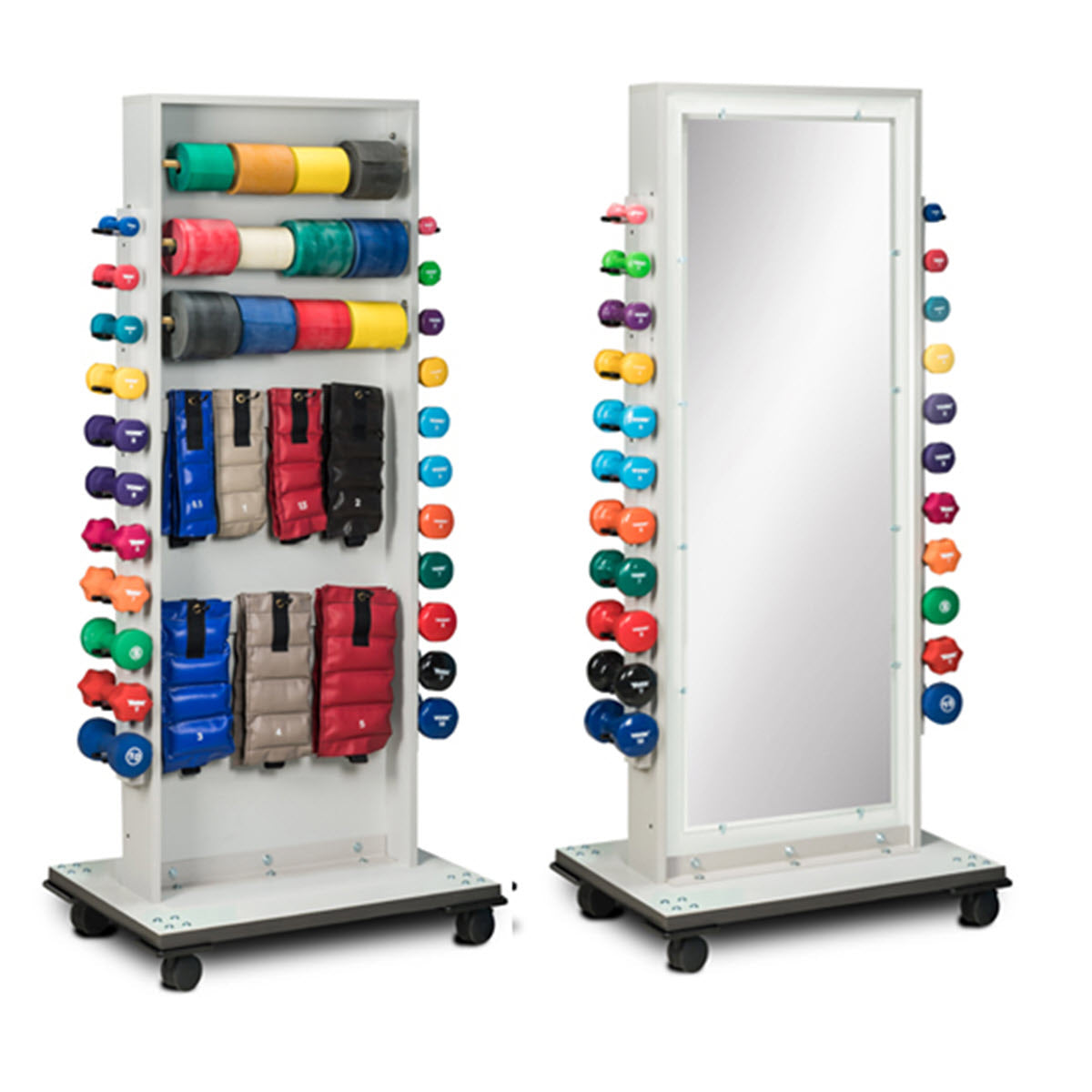 Mobile storage rack with miror for cuff weights, exercise bands and ...
