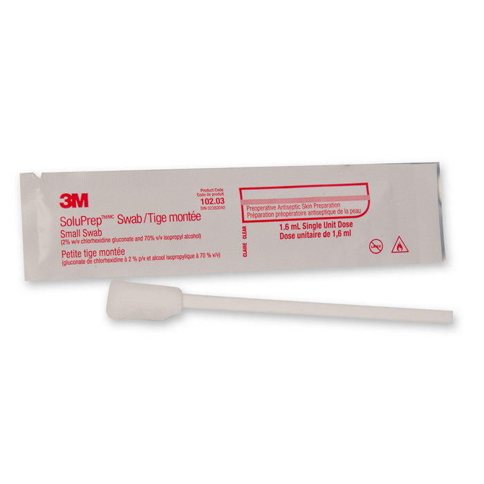 Tige monté SoluPrep™ 3M™, 2 % de gluconate de chlorhexidine P/V et 70 % d'alcool isopropylique, 50 un.
