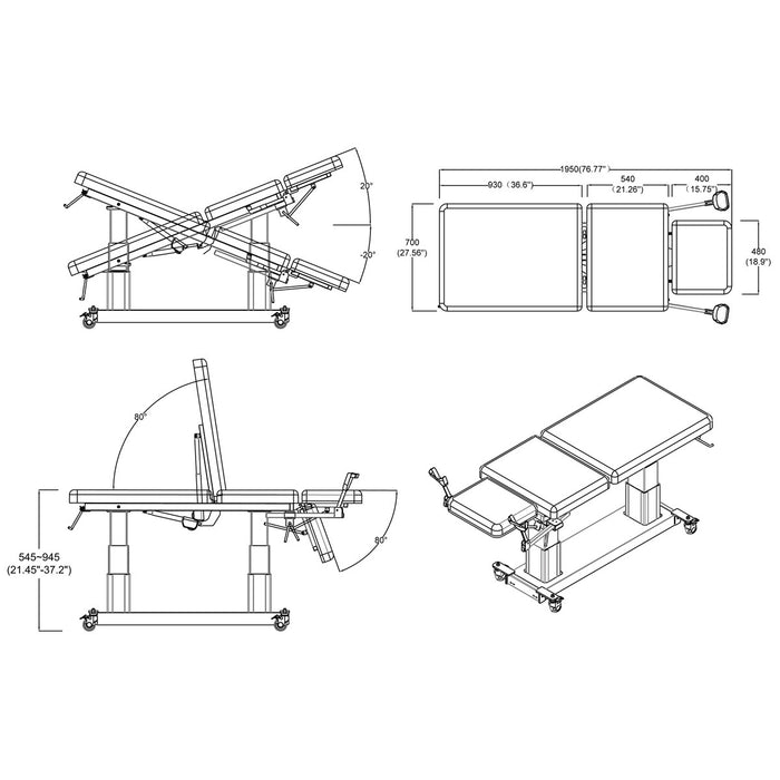 Multi-use imaging power table with 3-section top