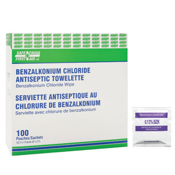 Tampons de chlorure de Benzalkonium Safecross 0,13% , 5" x 8" (12.7 x 20.32 cm), 100 un