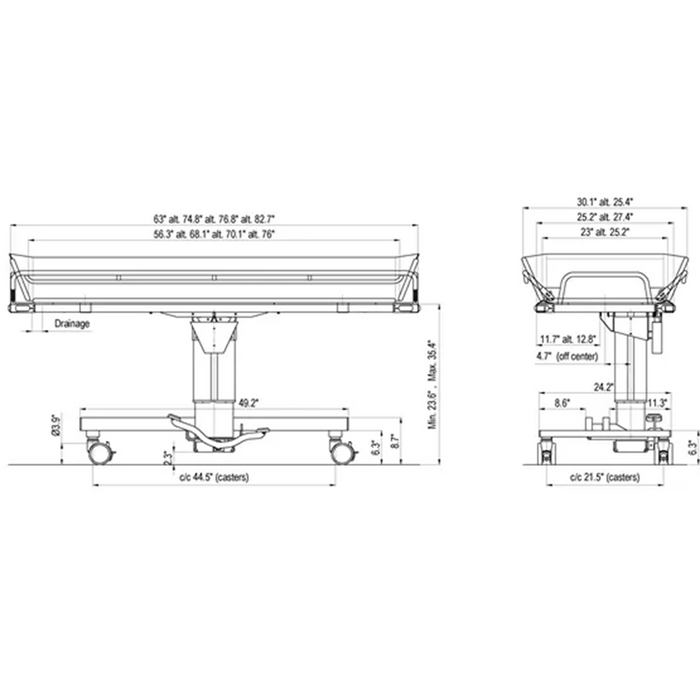 Civière douche hydraulique TR2000 Mod. 2021, 1900 x 640 mm